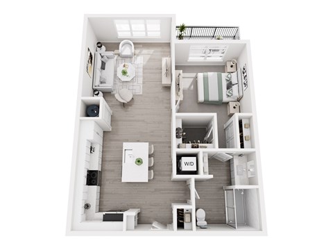 Floor plan layout of 749 sf one-bedroom apartment with a balcony.